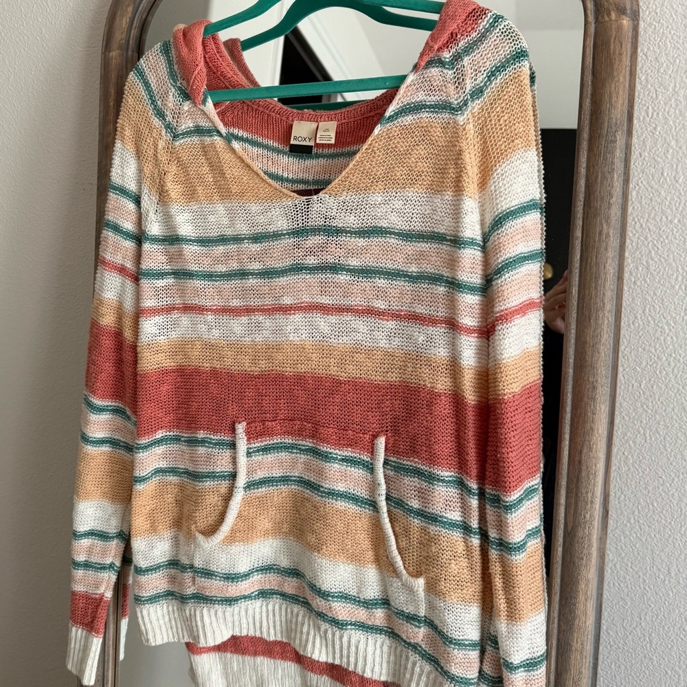 Roxy V-Neck Striped Sweater in Coral, Teal, and White